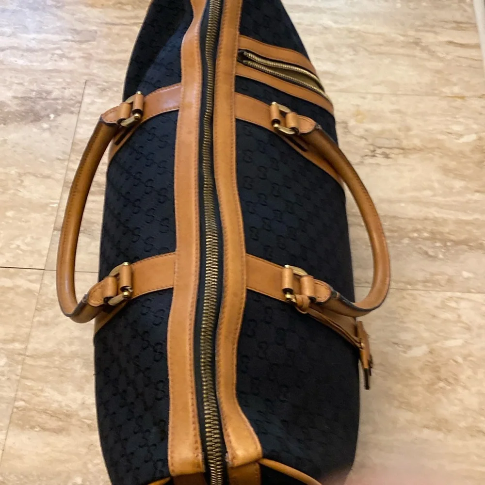 GUCCI GG vintage/rare Logo Canvas Leather Boston Travel/HandBag-Blk/Tan:COA